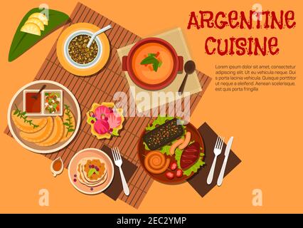 Plats argentins à base d'asado avec steak de bœuf grillé, saucisses et foie, empanadas avec ketchup et vinaigrette aux légumes marinés, soupe de lentilles et tapis Illustration de Vecteur