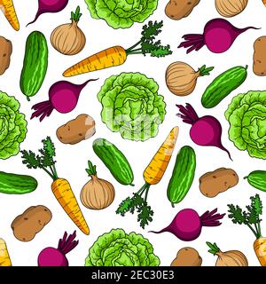 Motif végétarien sain avec ornement de dessin animé sans couture de cabages et concombres vert vif, carottes d'orange juteuse et oignons avec des feuilles fraîches, pu Illustration de Vecteur