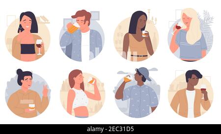 Kit d'illustrations vectorielles People Drink. Caricature jeune homme heureux femme personnages boire, tenir des verres de vin, des verres de bière ou de whisky dans les mains, amusant fête dans la barre d'alcool ou maison isolée sur blanc Illustration de Vecteur