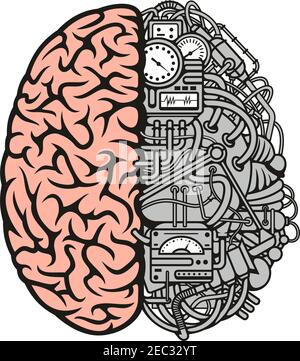 Symbole de dessin animé de la machine du cerveau avec l'hémisphère droit comme un symbole anatomique cortex cérébral humain détaillé et un autre comme traitement de données centrer avec de Illustration de Vecteur
