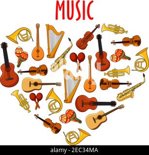 Instruments de musique de dessin animé disposés en symbole de coeur avec guitares et violons acoustiques, saxophones et trompettes, cornes et harpes, maracas et banjo Illustration de Vecteur