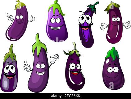 Dessin animé violet aubergines légumes sous les chapeaux de tiges vertes. Personnages d'aubergines fraîchement récoltées avec Happy faces pour enfants menu, végétaria Illustration de Vecteur