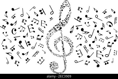 Symbole musical décoratif de la clef d'aigus composé de notes musicales et de restes de différentes durées, de notes de basse et de diverses marques de notation musicale. Illustration de Vecteur