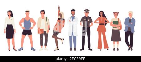 Ensemble d'illustrations vectorielles. Collection de dessins animés de la communauté créative, jeunes et vieux personnages d'homme et de femme de différentes professions se tenant dans différentes poses isolées sur blanc Illustration de Vecteur