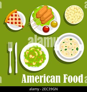 Déjeuner américain avec encas rapides et desserts Icon avec des chiens de maïs, servi avec des sauces ketchup et moutarde, soupe au fromage à la crème et toppe aux pommes Illustration de Vecteur