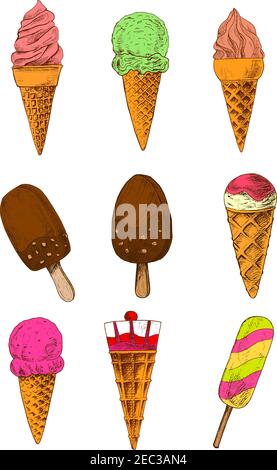 Glace enrobées de chocolat sur bâtonnets, popsicle arc-en-ciel, service doux et boules de fraises et vanille, cônes de glace au chocolat et à la pistache topp Illustration de Vecteur