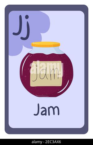 Carte flash ABC pour l'éducation alimentaire, lettre J - Jam. Modèle de dessin animé avec carte d'éducation à alphabet coloré. Collection sur fond violet. Illustration de Vecteur