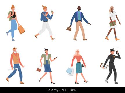 Jeu d'illustrations vectorielles People Walk. Dessin animé plat jeune et vieux homme femme personnages marche collection, fille avec des sacs de shopping, homme d'affaires et femme d'affaires, étudiant médecin police isolé sur blanc Illustration de Vecteur