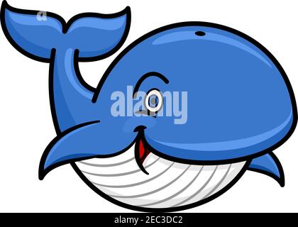 Personnage de baleen baleine de dessin animé avec une colonne bleue et un dessous blanc rayé nageant avec une queue en relief et un sourire heureux. Utilisation comme faune marine Illustration de Vecteur