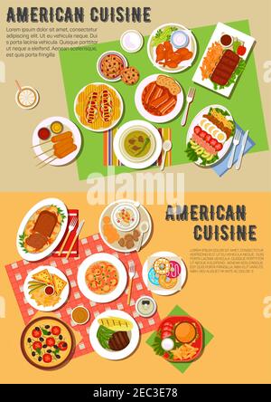 Dîner pique-nique américain avec restauration rapide et plats barbecue icône plate avec hot dogs et cheeseburger, pizza, frites et kebabs, viande grillée, palourdes Illustration de Vecteur