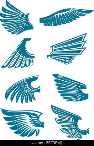 Icônes d'ailes d'oiseaux ouvertes pour l'utilisation de symboles héraldiques ou de motifs de tatouage avec silhouettes bleues stylisées médiévales d'ailes d'aigle, de faucon ou de faucon Illustration de Vecteur