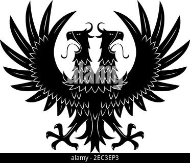 Symbole aigle noir à double tête avec ailes surélevées et larges becs ouverts avec longues languettes. Utilisation de la conception d'héraldique royale médiévale ou de blason Illustration de Vecteur