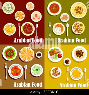 La cuisine arabe lumineuse propose des plats emblématiques avec kebabs, shawarma et falafels aux pois chiches, houmous et soupes, riz, légumes et salades de pain avec ragoûts de viande, n Illustration de Vecteur