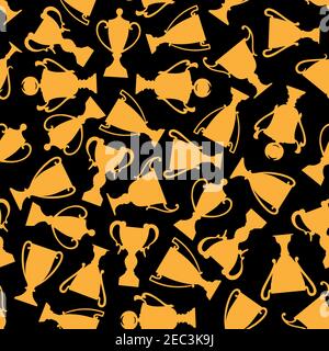 Coupe et motif de trophées Golden Champion. Décoration sans couture de deux bols dorés sur fond noir. Utilisez-les comme célébration et victoire Illustration de Vecteur