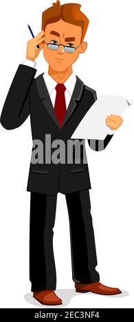 Caricature homme d'affaires pensif en noir costume et lunettes est attentivement la lecture d'un contrat ou d'un accord commercial. Documentation commerciale, pape Illustration de Vecteur