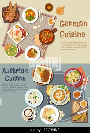 Copieux dîners allemands et autrichiens avec desserts et boissons symbole de saucisses et sandwiches grillés, ragoût et goulash de porc, soupe aux pois et rôti en pot, Illustration de Vecteur