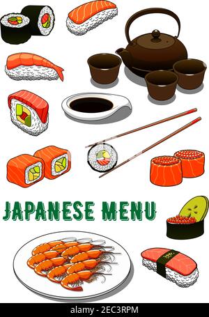 Petits pains à sushis japonais traditionnels et nigiri, icônes futomaki et gunkan servis avec du saumon mariné, du thon et des crevettes, de l'avocat et du roe, du teriyaki épicé Illustration de Vecteur