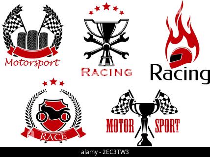 Icônes de sports automobiles, motos et courses automobiles avec roues et trophée avec drapeaux de course, bouclier avec moto, coupe du gagnant avec clés croisées et fl Illustration de Vecteur