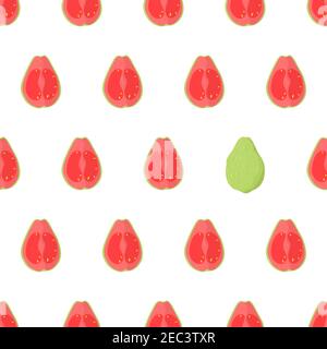 Motif accrocheur sans couture avec des fruits de goyave roses coupés en deux avec des graines jaunes et un vert entier. Illustration du vecteur alimentaire nature. Textile biologique. Nourriture saine sur fond blanc. Illustration de Vecteur