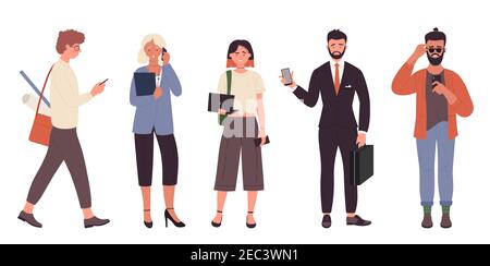 Personnes avec jeu d'illustrations vectorielles de téléphone. Caricature jeune homme femme personnages de profession différente tenant le téléphone portable, employé de bureau étudiant de taille d'employer le smartphone pour parler isolé sur blanc Illustration de Vecteur