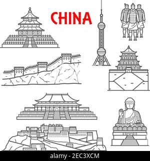 Célèbres attractions touristiques anciennes et modernes de la Chine icône pour le design de voyage avec des symboles linéaires de la Grande Muraille, des statues de l'armée de terre cuite et de Tian T. Illustration de Vecteur