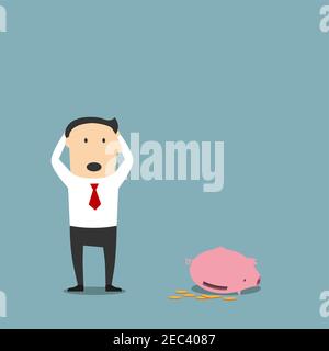 Un homme d'affaires frustré, un homme d'affaires en faillite, se tient debout avec une banque de porc vide et se serre la tête en état de choc. Faillite, pauvreté et insolvabilité concept desi Illustration de Vecteur