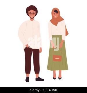 Illustration vectorielle de jeunes musulmans de couple moderne. Caricature arabe plat jeune homme et femme debout ensemble, petit ami arabe et petite amie portant des vêtements modernes isolés sur blanc Illustration de Vecteur