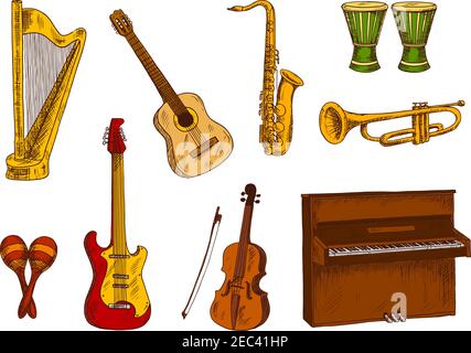 Dessins rétro de saxophone et de trompette, guitares acoustiques et électriques, violon, piano et harpe, batterie de conga africaines et maracas mexicains. Ethni Illustration de Vecteur