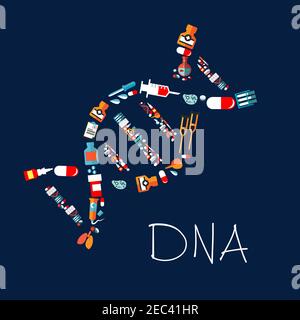 Modèle décoratif d'icône d'hélice d'ADN avec des symboles plats de pilules, capsules, seringues et flacons de médicaments, tubes à essai et flacons de laboratoire, poumons et ce Illustration de Vecteur