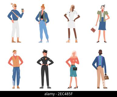 Jeu d'illustrations vectorielles de personnes debout. Caricature bonne femme âgée et jeune homme personnage debout, enfant étudiant villageois médecin policier homme d'affaires et femme d'affaires souriant isolée sur blanc Illustration de Vecteur