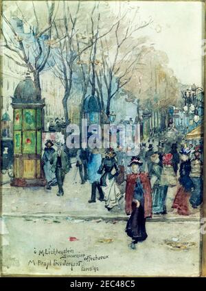 Peinture, boulevard des Capucines par Maurice Prendergast, première dame Jacqueline Kennedyu0027s (JBK) cadeau pour Mme. Yvonne de Gaulle. U0022Boulevard des Capucinesu0022 par Maurice Prendergast, un tableau la première dame Jacqueline Kennedy présenté en cadeau à Madame Yvonne de Gaulle. Note en français sur la peinture lit, u201cu00e0 M. Lichtenstein. Souvenier affectueux. M. Brésil Prendergast, Paris u201992.u201d Banque D'Images