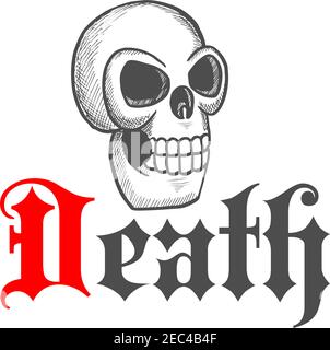 Icône en forme de crâne gothique esquissée avec de grandes prises pour les yeux et os nasal détruit. Idéal pour Halloween ou le jour de la mascotte mort Illustration de Vecteur