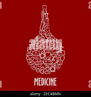 Icônes de la médecine et de l'hôpital en forme d'enema avec ambulances et médecins, trousses de premiers soins et thermomètres, stéthoscopes et seringues, pilules et héa Illustration de Vecteur