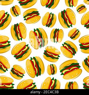Fond de dessin animé de hamburgers barbecue américains traditionnels avec motif homogène de patties de hamburgers grillés avec des feuilles de laitue verte fraîche, tom Illustration de Vecteur