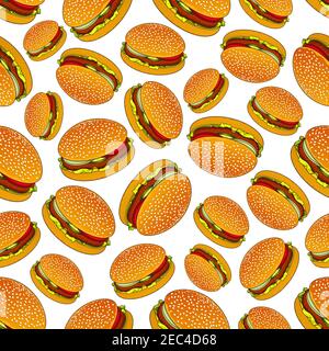 Hamburgers rapides à emporter arrière-plan pour l'utilisation de la conception de menu de café avec motif homogène de hamburgers sur des rouleaux de sésame avec des viandes de bœuf haché, toma Illustration de Vecteur