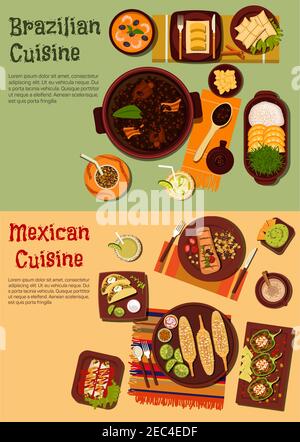 Délicieux et riche de saveurs cuisine du Mexique et du Brésil icônes plates avec le boeuf et le maïs grillés, les ragoûts de haricots noirs et de crevettes, tacos, enchiladas et g Illustration de Vecteur