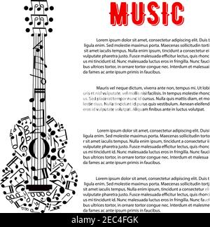 Affiche de concert musical ou annonce d'événement de divertissement avec silhouette de guitare acoustique composée de notes musicales et de cordes, aigus et b. Illustration de Vecteur