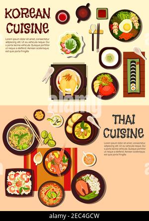 Cuisine orientale exotique de corée et de thaïlande avec sushi, crabe épicé et steak de saumon, nouilles frites et plats de riz, soupes de crevettes et de poulet, c vert Illustration de Vecteur