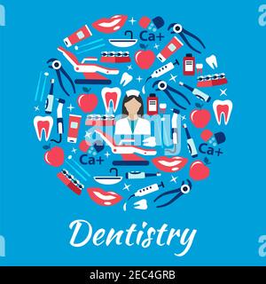 Symbole de dentisterie avec dentiste entouré par des icônes plates de dents et de brosses à dents avec des pâtes dentifrices, chaises de dentiste et instruments avec des équipements, syr Illustration de Vecteur