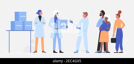 Illustration du vecteur d'administration des médicaments vaccins. Caricature des personnages de travailleurs médicaux dans le masque et l'uniforme protecteur délivrant des boîtes avec le vaccin coronavirus pour vacciner les personnes de la famille isolées sur blanc Illustration de Vecteur