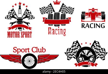 Roue à ailettes, pneus avec drapeaux de course et moto, voiture de course à roue ouverte et bougie d'allumage avec clés croisées et drapeaux sur les symboles d'arrière-plan pour Illustration de Vecteur