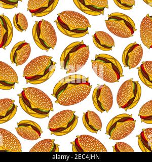 Arrière-plan appétissant à motif cheeseburgers doubles sans couture pour une restauration rapide avec des petits pains au sésame en tranches remplis de viandes, de fromage suisse et de t frais Illustration de Vecteur