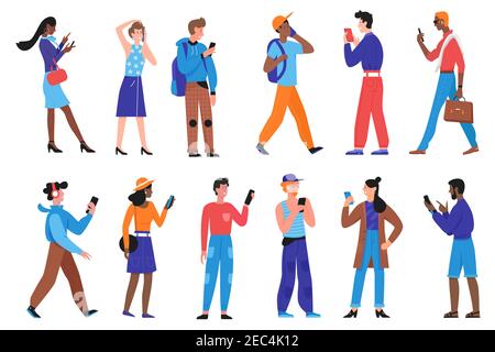 Personnes avec jeu d'illustrations vectorielles de téléphone. Caricature jeune homme femme personnages dans des vêtements décontractés utilisant un smartphone pour la communication en réseau, réseaux sociaux, appels de téléphone portable isolés sur blanc Illustration de Vecteur