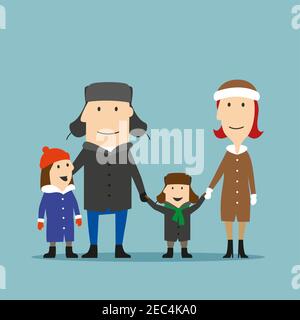 Bonne famille de dessins animés souriants en hiver en train de passer du temps ensemble sur une promenade. Les parents et les enfants profitent de leur séjour en famille pendant les vacances d'hiver ou les week-ends Illustration de Vecteur