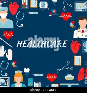 Services médicaux et contexte hospitalier avec texte Santé entouré par des icônes plates de médecin, chirurgien et infirmière, stéthoscopes, thermomètres, op Illustration de Vecteur