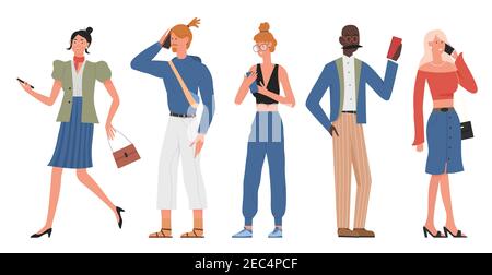 Jeu d'illustrations vectorielles pour téléphones portables. Caricature jeune homme femmes personnages debout, utilisant le téléphone portable pour la communication, femme d'affaires, hipster freelance ou étudiant de mode isolé sur blanc Illustration de Vecteur