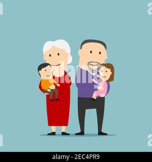 Une caricature de grand-mère et de grand-père avec des petits-enfants sur les mains. Famille de grands-parents souriants avec petit-fils et petite-fille. Utiliser comme Illustration de Vecteur