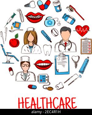 Symboles d'esquisse colorés en forme de cercle avec les médecins et l'infirmière, le thermomètre et le stéthoscope, la chaise de dentiste, les outils, les dents, le cœur, les médicaments, Illustration de Vecteur