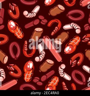 Assortiment de saucisses de viande sans couture pour le design de boucherie avec pepperoni épicé et salami italien, saucisses fumées, bœuf bologna et bl Illustration de Vecteur