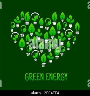 Économie d'énergie concept écologique icône avec symbole de coeur composé d'ampoules à plantes vertes. Utilisez-le comme concept « pensez vert » ou comme motif t-shirt Illustration de Vecteur